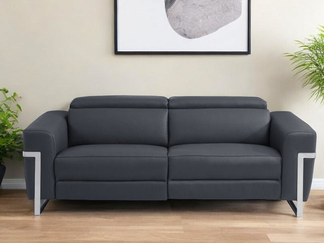 83" Dark Gray Italian Leather USB Reclining Sofa With Silver Legs