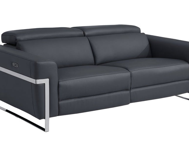 83" Dark Gray Italian Leather USB Reclining Sofa With Silver Legs