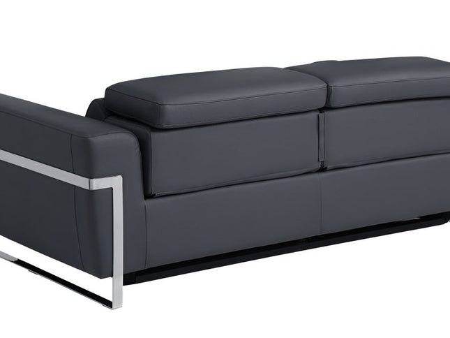 83" Dark Gray Italian Leather USB Reclining Sofa With Silver Legs