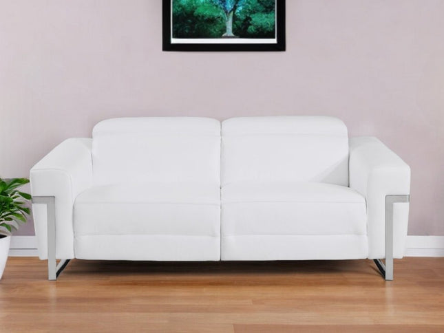 83" White Italian Leather USB Reclining Sofa With Chrome Legs
