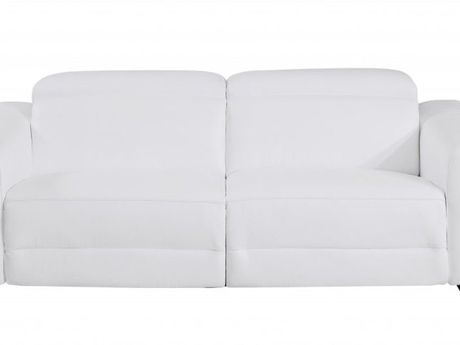 83" White Italian Leather USB Reclining Sofa With Chrome Legs