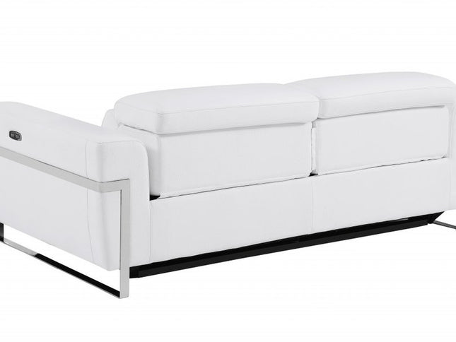 83" White Italian Leather USB Reclining Sofa With Chrome Legs