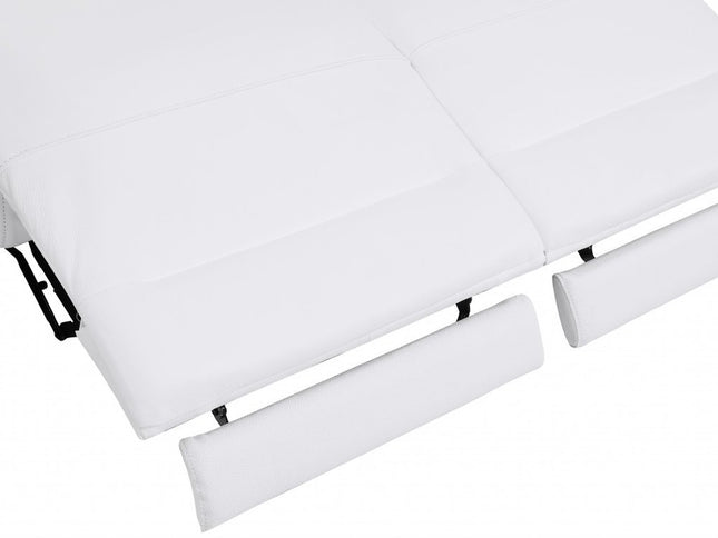 83" White Italian Leather USB Reclining Sofa With Chrome Legs
