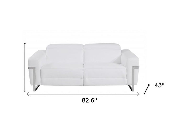 83" White Italian Leather USB Reclining Sofa With Chrome Legs