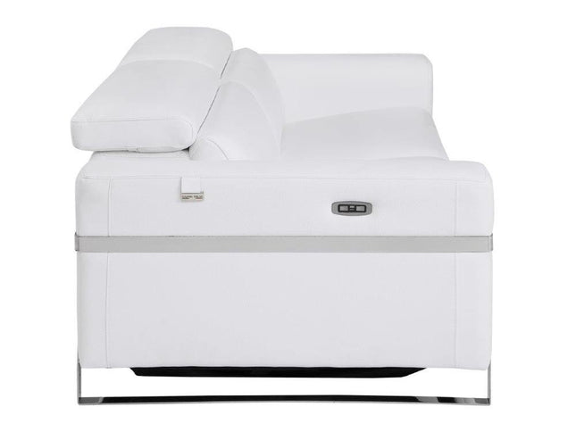 83" White Italian Leather USB Reclining Sofa With Chrome Legs