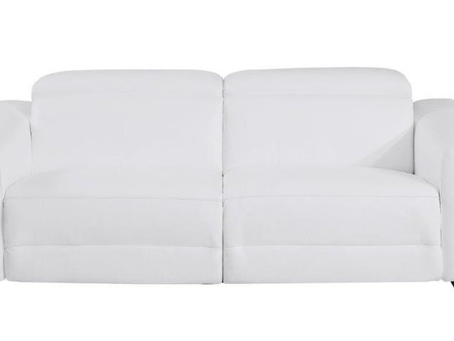 83" White Italian Leather USB Reclining Sofa With Chrome Legs
