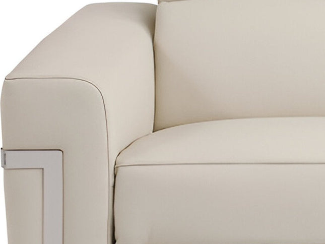 83" Beige Italian Leather USB Reclining Sofa With Silver Legs