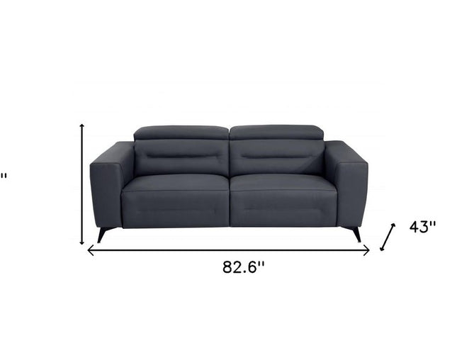83" Gray Italian Leather USB Reclining Sofa With Black Legs