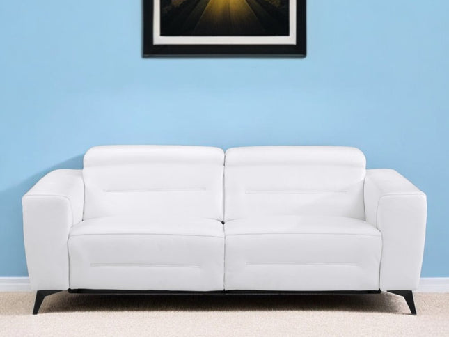 83" White Italian Leather USB Reclining Sofa With Black Legs