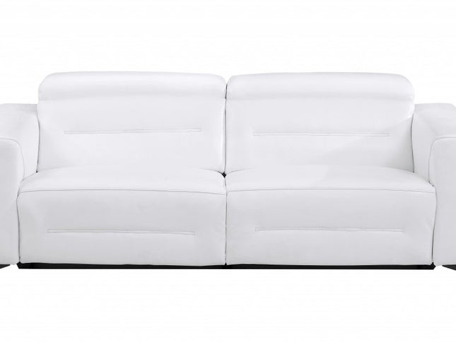 83" White Italian Leather USB Reclining Sofa With Black Legs