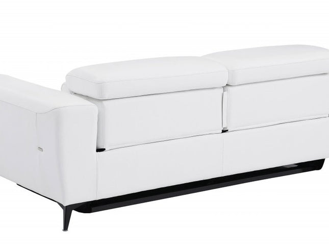 83" White Italian Leather USB Reclining Sofa With Black Legs