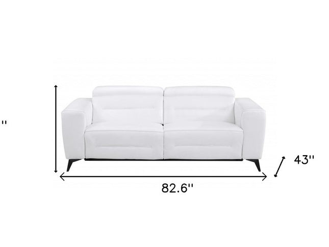 83" White Italian Leather USB Reclining Sofa With Black Legs