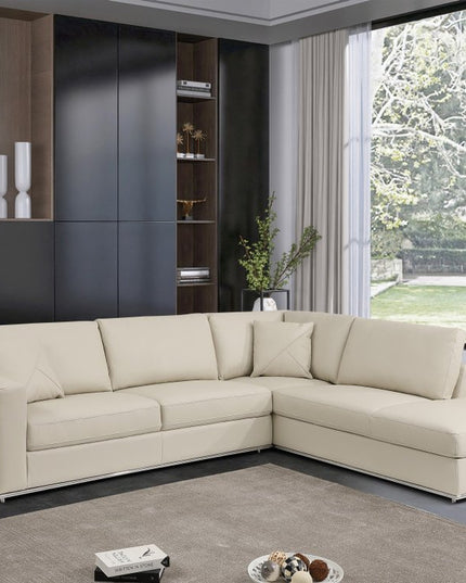 Beige Italian Leather Reclining L Shaped Two Piece Corner Sectional