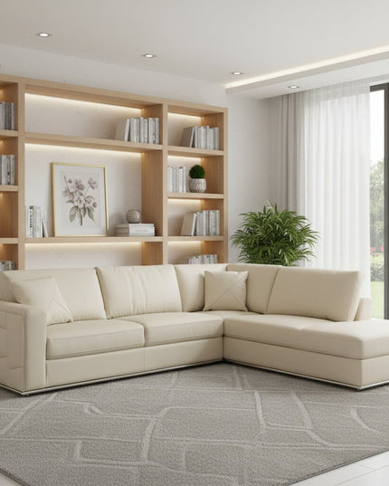 Beige Italian Leather Reclining L Shaped Two Piece Corner Sectional