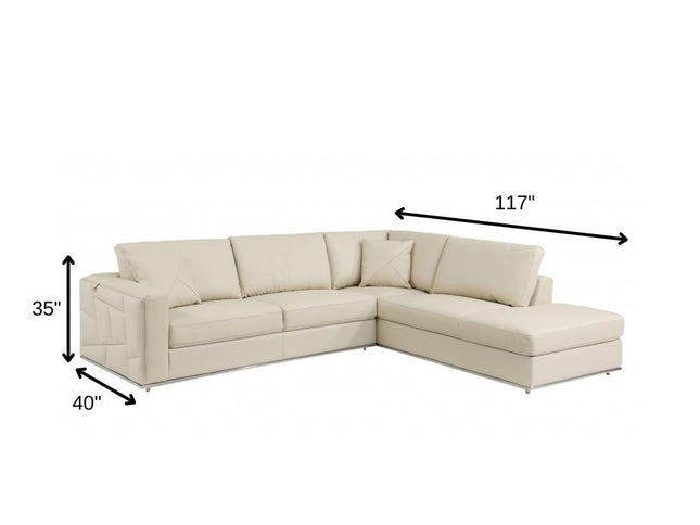 Beige Italian Leather Reclining L Shaped Two Piece Corner Sectional