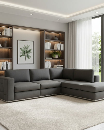 Dark Gray Italian Leather Reclining L Shaped Two Piece Corner Sectional