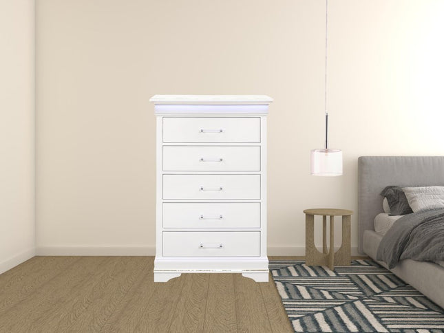 16" White Solid Wood Five Drawer Chest with LED Lighting