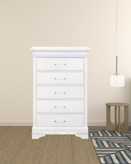 16" White Solid Wood Five Drawer Chest with LED Lighting