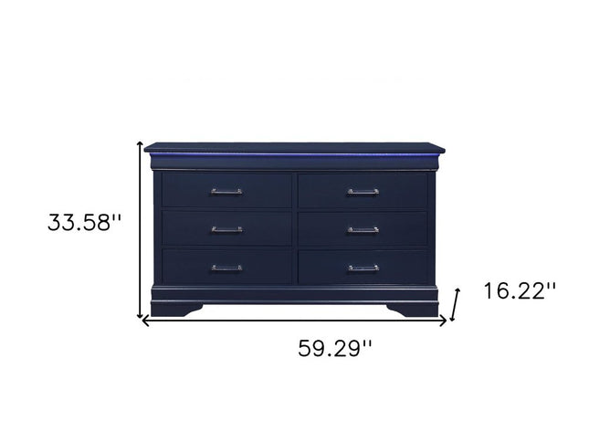 59" Blue Solid Wood Six Drawer Double Dresser