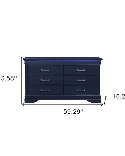 59" Blue Solid Wood Six Drawer Double Dresser