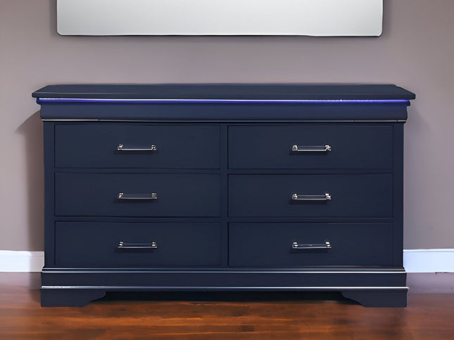 59" Blue Solid Wood Six Drawer Double Dresser