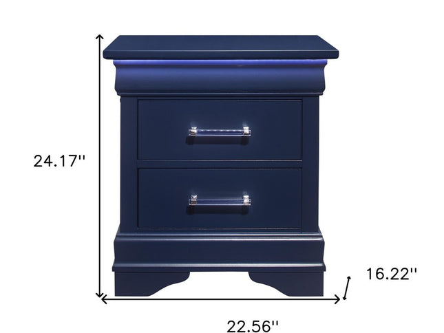 24" Blue Wood Lighted Two Drawer Nightstand