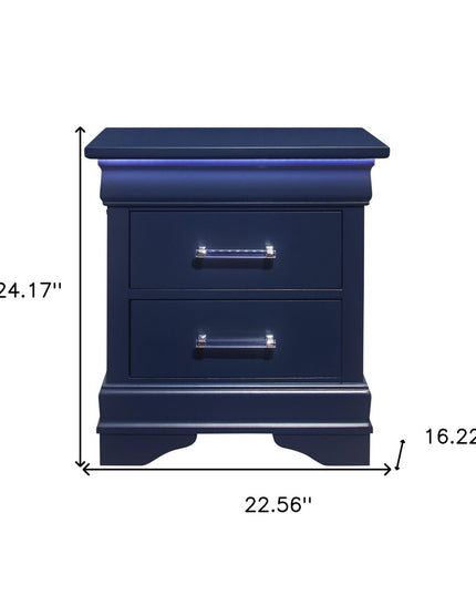 24" Blue Wood Lighted Two Drawer Nightstand