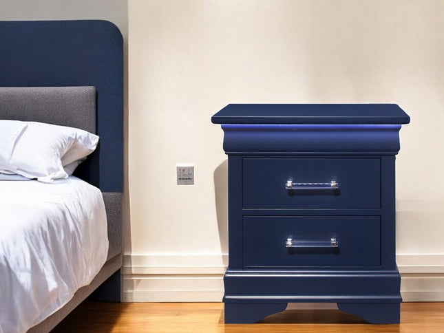 24" Blue Wood Lighted Two Drawer Nightstand