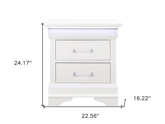 24" White Wood Lighted Two Drawer Nightstand