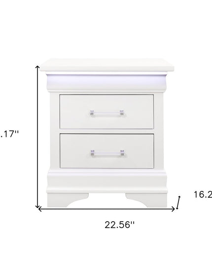 24" White Wood Lighted Two Drawer Nightstand