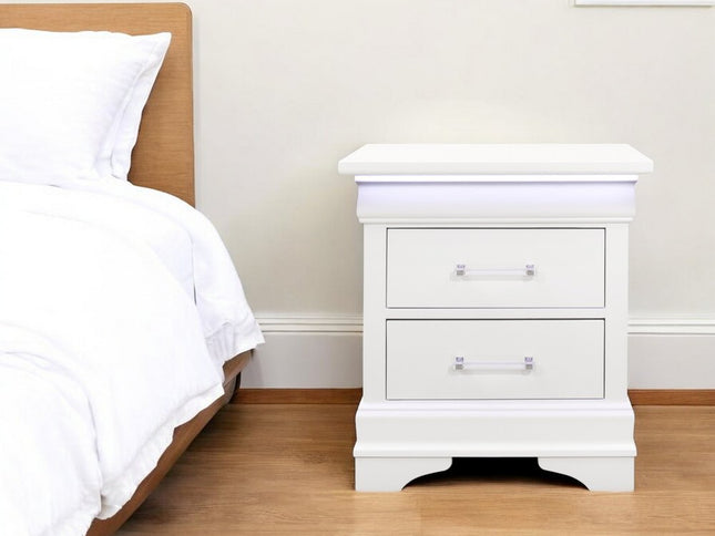 24" White Wood Lighted Two Drawer Nightstand