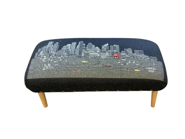 38" Gray Wool and Brown Ottoman