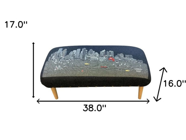 38" Gray Wool and Brown Ottoman