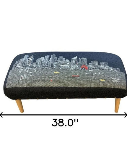 38" Gray Wool and Brown Ottoman