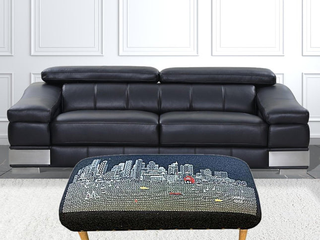 38" Gray Wool and Brown Ottoman