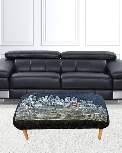 38" Gray Wool and Brown Ottoman