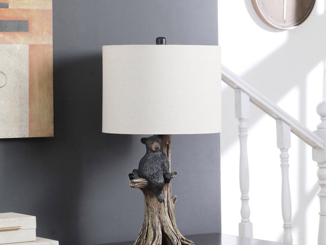 25" Black Blear in a Tree  Table Lamp With Beige Shade