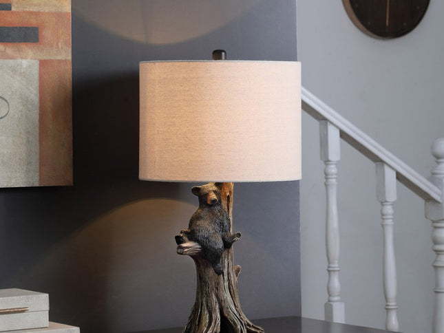 25" Black Blear in a Tree  Table Lamp With Beige Shade