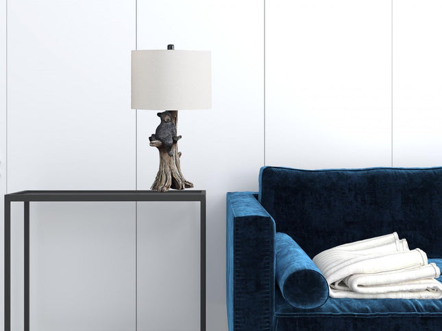 25" Black Blear in a Tree  Table Lamp With Beige Shade