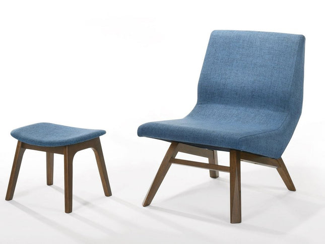 22" Blue And Brown Upholstered Lounge Chair With Ottoman