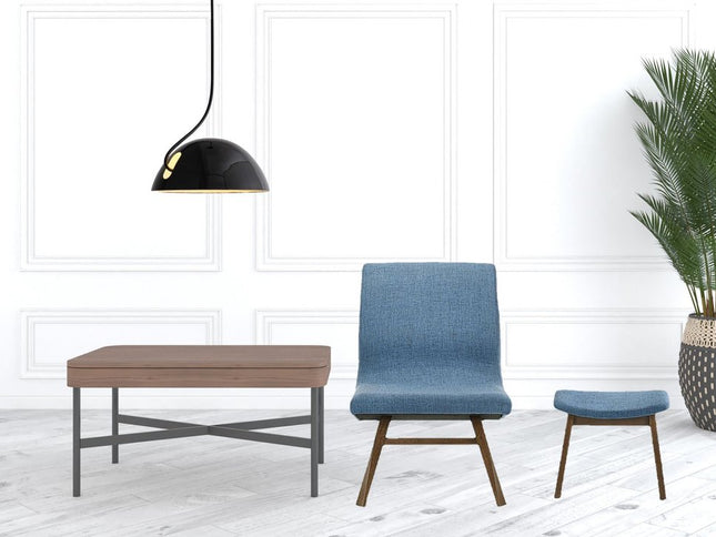 22" Blue And Brown Upholstered Lounge Chair With Ottoman