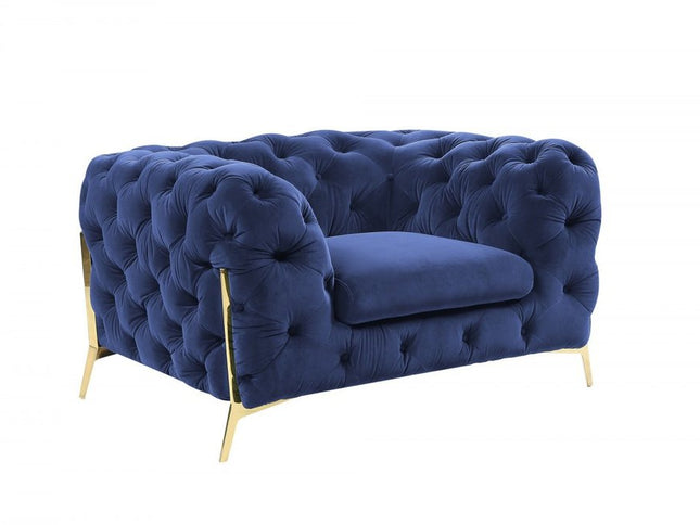 50" Blue And Gold Velvet Tufted Lounge Chair
