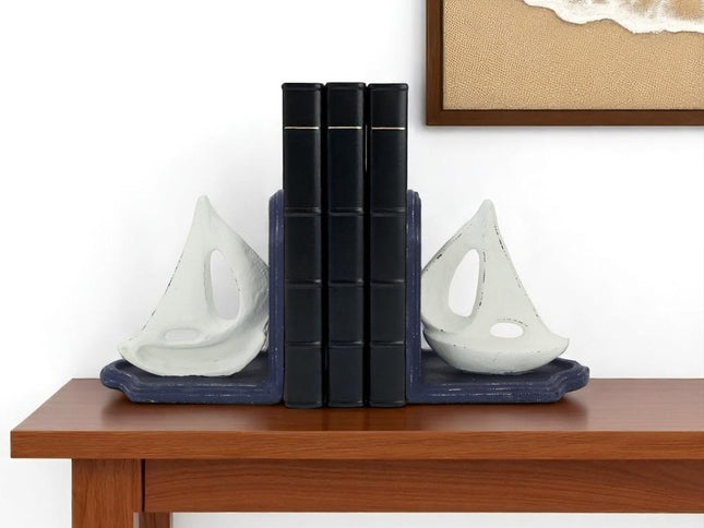 Set of Two 5" Blue And White Cast Iron Sailboat Decorative Bookends