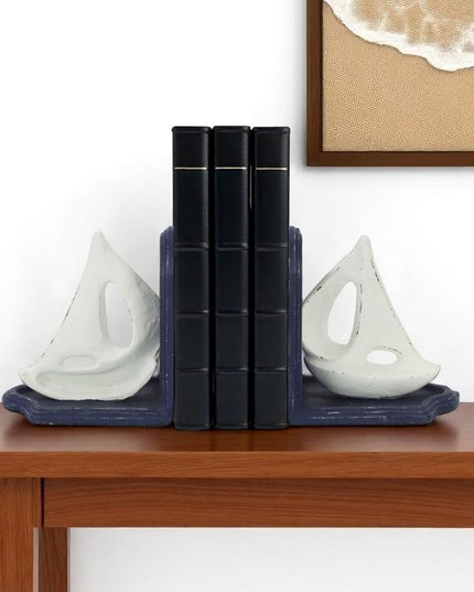 Set of Two 5" Blue And White Cast Iron Sailboat Decorative Bookends