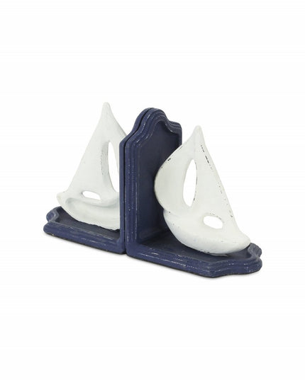 Set of Two 5" Blue And White Cast Iron Sailboat Decorative Bookends