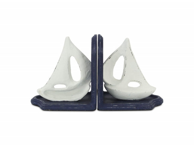 Set of Two 5" Blue And White Cast Iron Sailboat Decorative Bookends