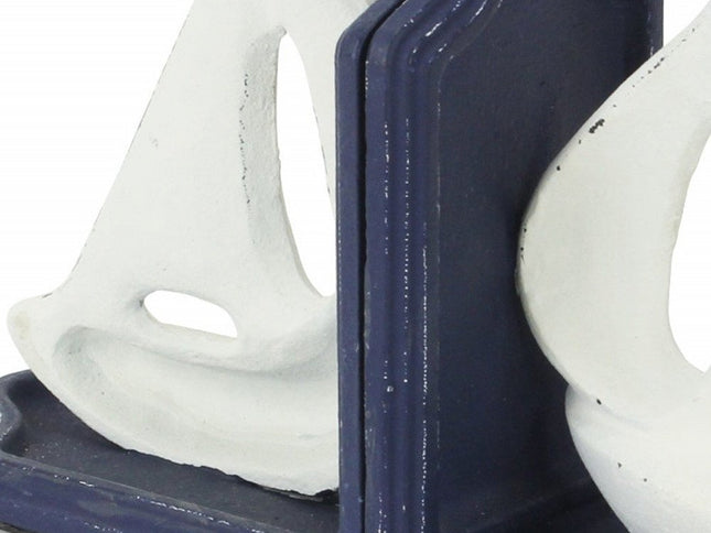 Set of Two 5" Blue And White Cast Iron Sailboat Decorative Bookends