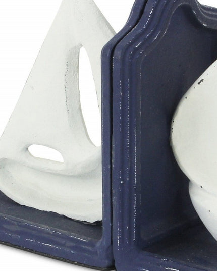 Set of Two 5" Blue And White Cast Iron Sailboat Decorative Bookends