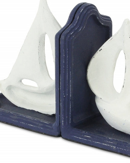 Set of Two 5" Blue And White Cast Iron Sailboat Decorative Bookends