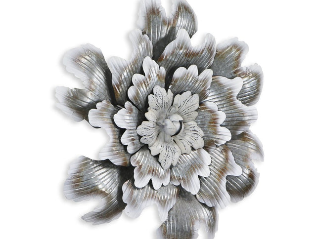 27" X 27" Gray and Off White Galvanized Metal Flower Hanging Dimensional Sculpture